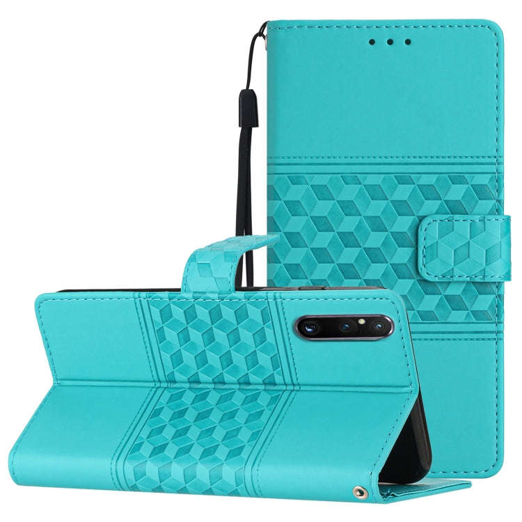 For Sony Xperia 1 V Diamond Embossed Skin Feel Leather Phone Case with Lanyard(Blue)