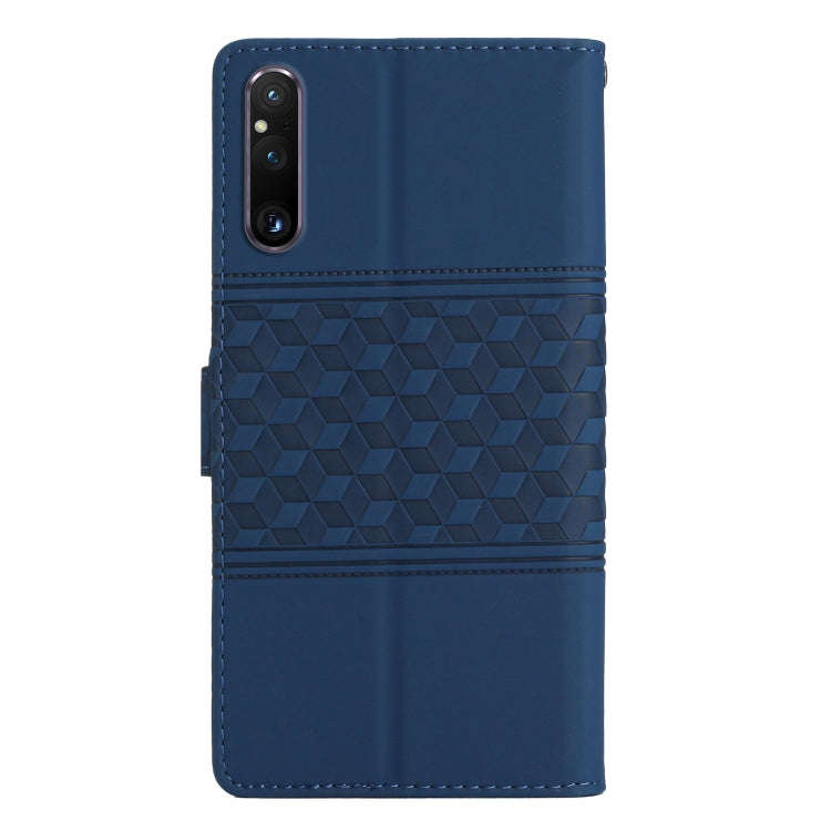 For Sony Xperia 1 V Diamond Embossed Skin Feel Leather Phone Case with Lanyard(Dark Blue)