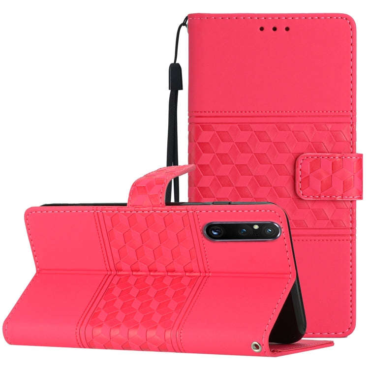 For Sony Xperia 1 V Diamond Embossed Skin Feel Leather Phone Case with Lanyard(Red)