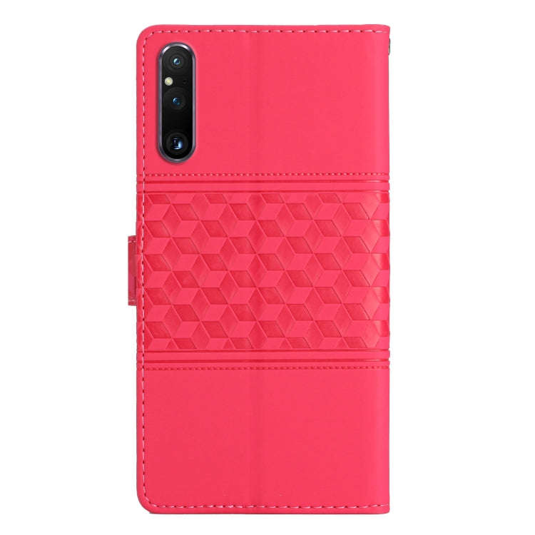 For Sony Xperia 1 V Diamond Embossed Skin Feel Leather Phone Case with Lanyard(Red)