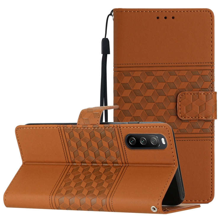 For Sony Xperia 10 V 2023 Diamond Embossed Skin Feel Leather Phone Case with Lanyard(Brown)