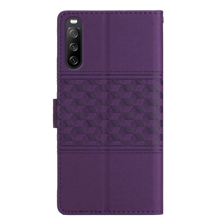 For Sony Xperia 10 V 2023 Diamond Embossed Skin Feel Leather Phone Case with Lanyard(Purple)