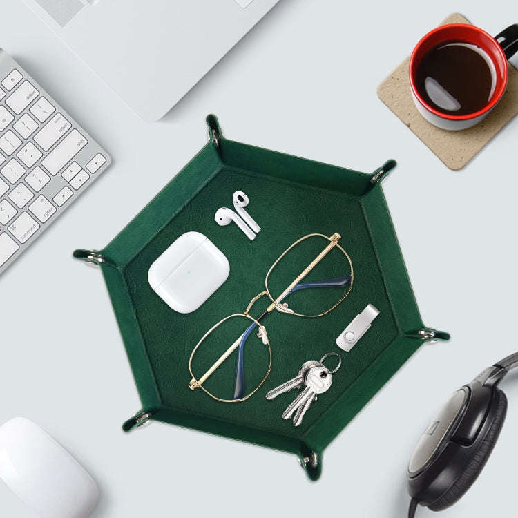 Hexagonal Desktop PU Storage Box Sundries Tray, Size:7 inch(Dark Green)
