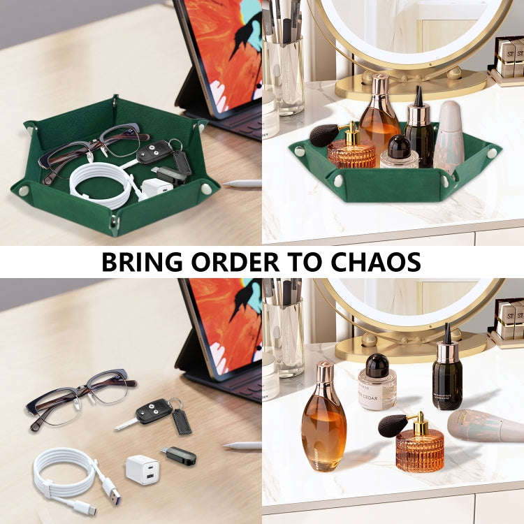 Hexagonal Desktop PU Storage Box Sundries Tray, Size:7 inch(Dark Green)