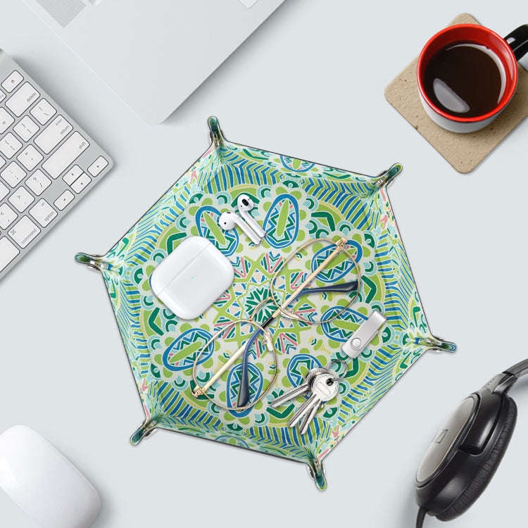 Hexagonal Desktop PU Storage Box Sundries Tray, Size:7 inch(Bohemian Green)