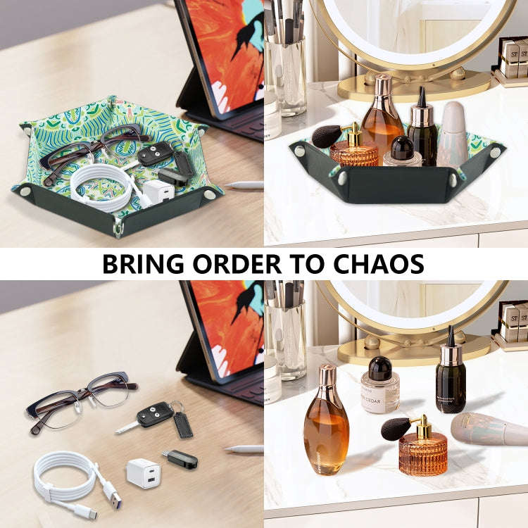 Hexagonal Desktop PU Storage Box Sundries Tray, Size:7 inch(Bohemian Green)