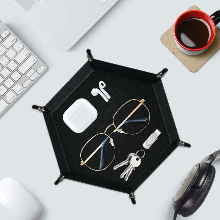 Hexagonal Desktop PU Storage Box Sundries Tray, Size:8 inch(Black)