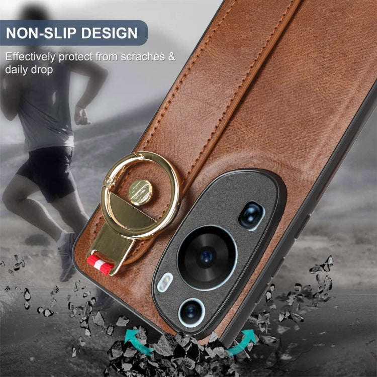 For Huawei P60 Art Wristband Leather Back Phone Case(Brown)