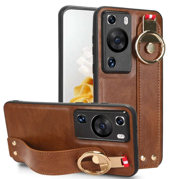 For Huawei P60 / P60 Pro Wristband Leather Back Phone Case(Brown)