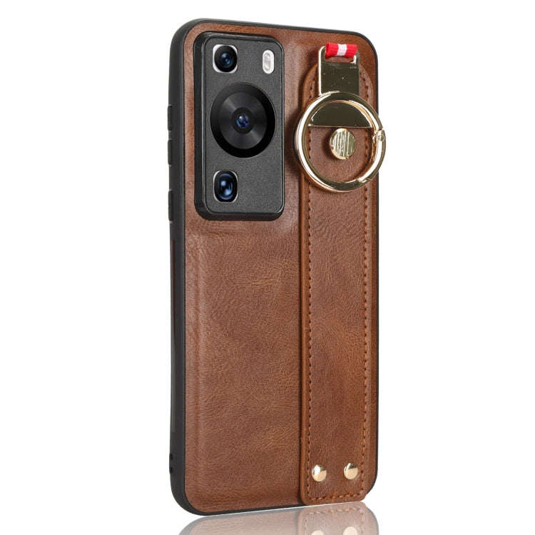 For Huawei P60 / P60 Pro Wristband Leather Back Phone Case(Brown)