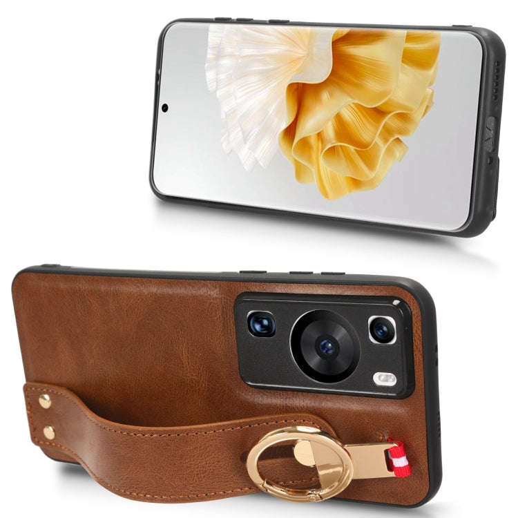 For Huawei P60 / P60 Pro Wristband Leather Back Phone Case(Brown)