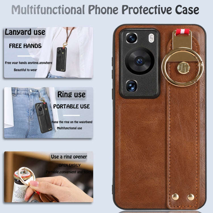 For Huawei P60 / P60 Pro Wristband Leather Back Phone Case(Brown)