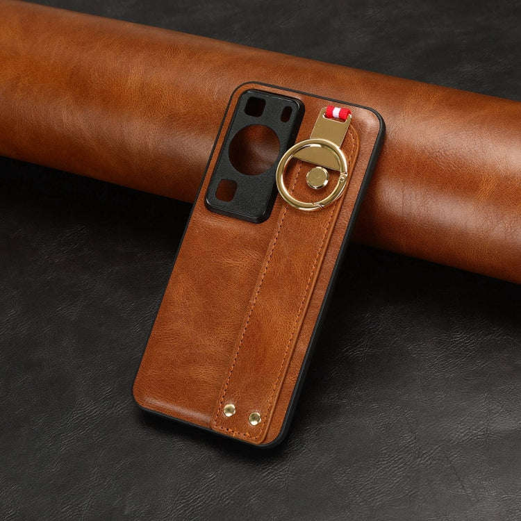 For Huawei P60 / P60 Pro Wristband Leather Back Phone Case(Brown)