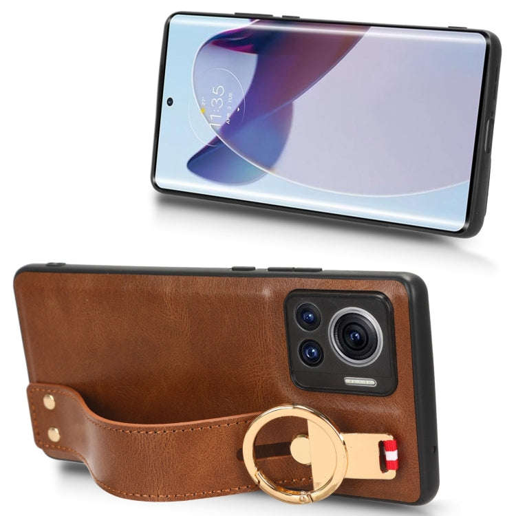 For Motorola Edge 30 Ultra Wristband Leather Back Phone Case(Brown)
