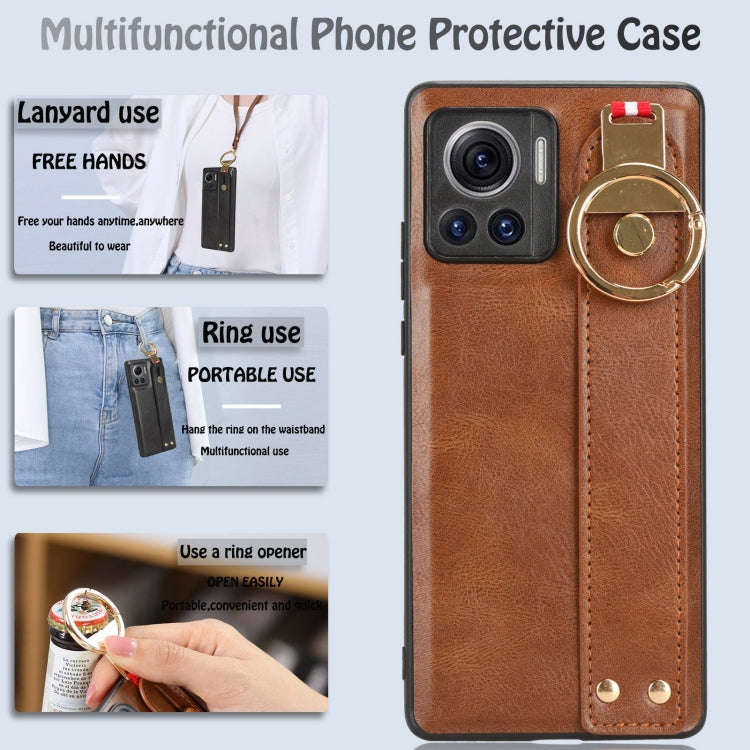 For Motorola Edge 30 Ultra Wristband Leather Back Phone Case(Brown)