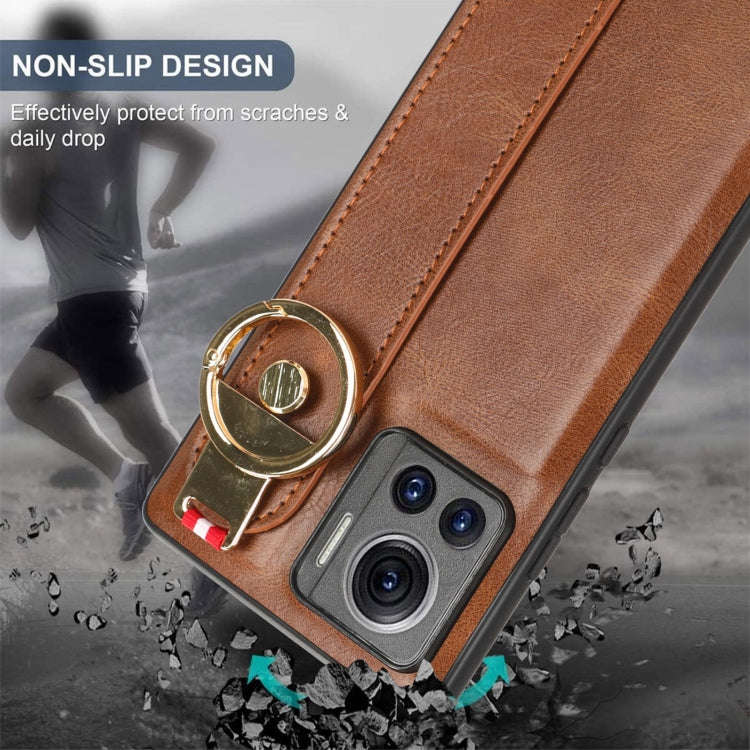 For Motorola Edge 30 Ultra Wristband Leather Back Phone Case(Brown)