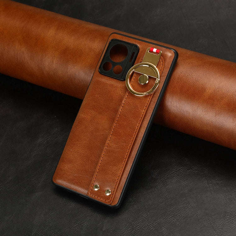 For Motorola Edge 30 Ultra Wristband Leather Back Phone Case(Brown)
