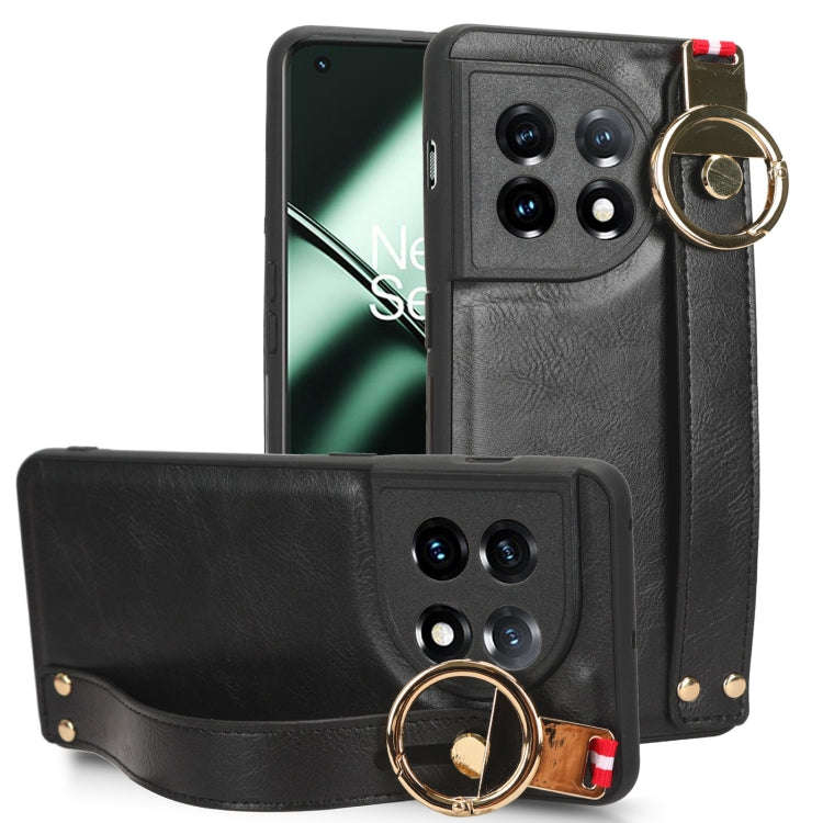 For OnePlus 11 Wristband Leather Back Phone Case(Black)