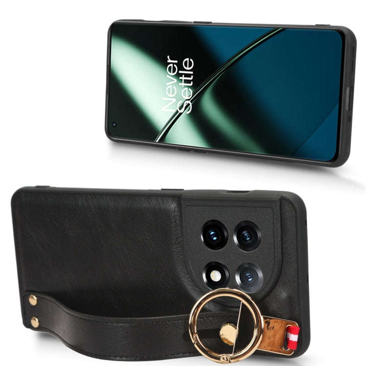 For OnePlus 11 Wristband Leather Back Phone Case(Black)