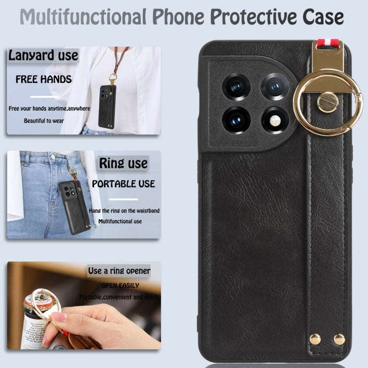 For OnePlus 11 Wristband Leather Back Phone Case(Black)