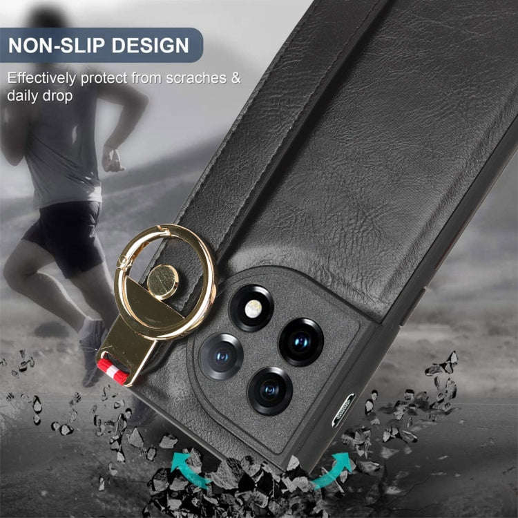 For OnePlus 11 Wristband Leather Back Phone Case(Black)