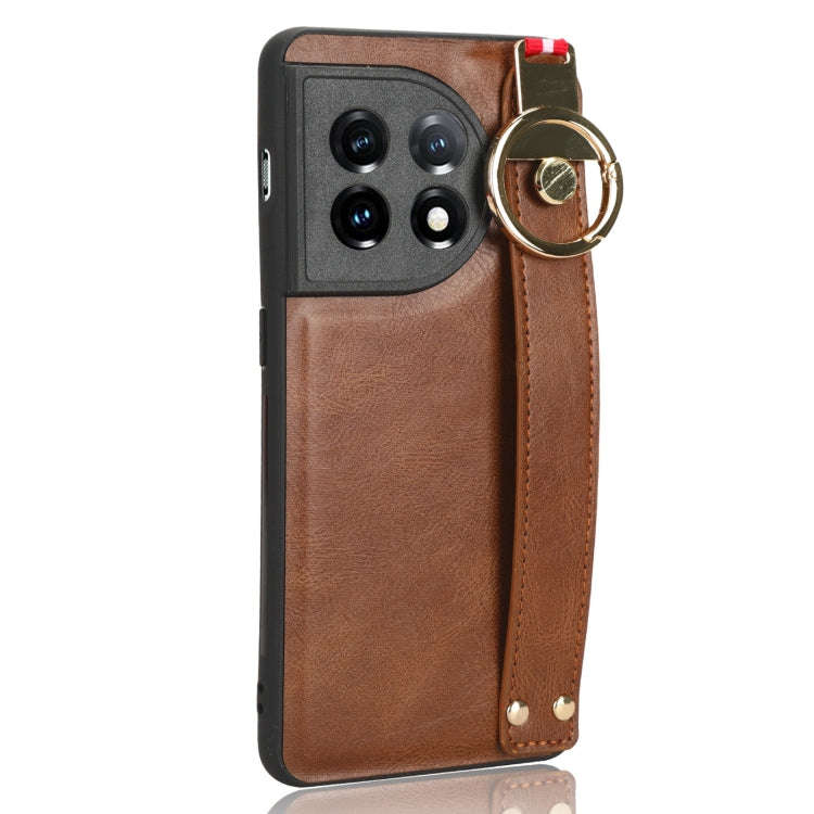 For OnePlus 11 Wristband Leather Back Phone Case(Brown)