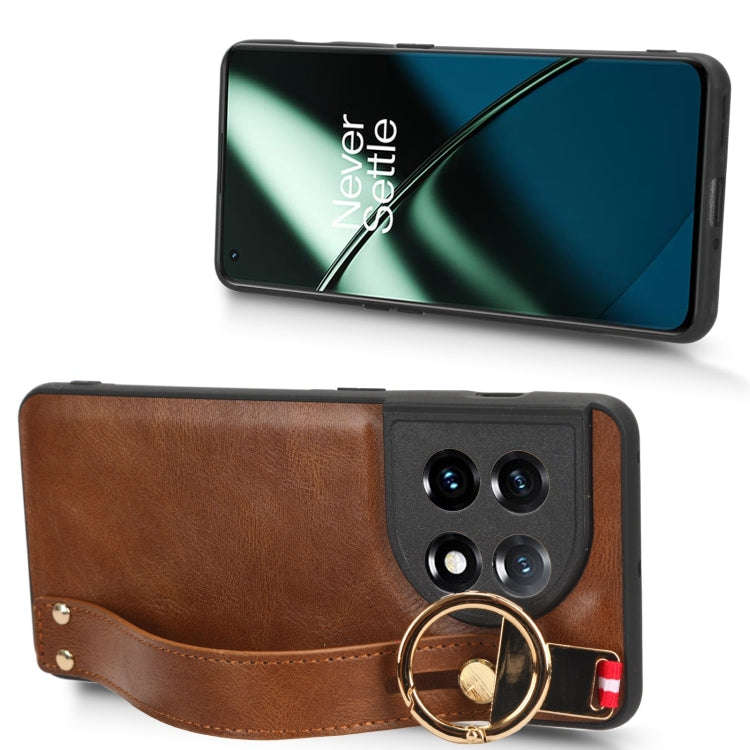 For OnePlus 11 Wristband Leather Back Phone Case(Brown)