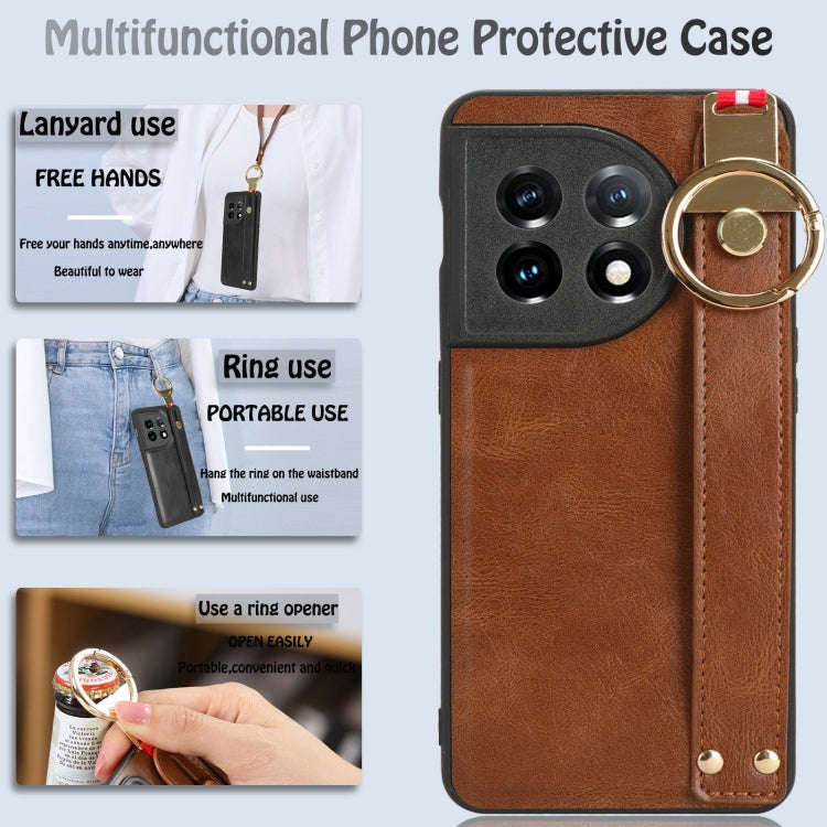 For OnePlus 11 Wristband Leather Back Phone Case(Brown)