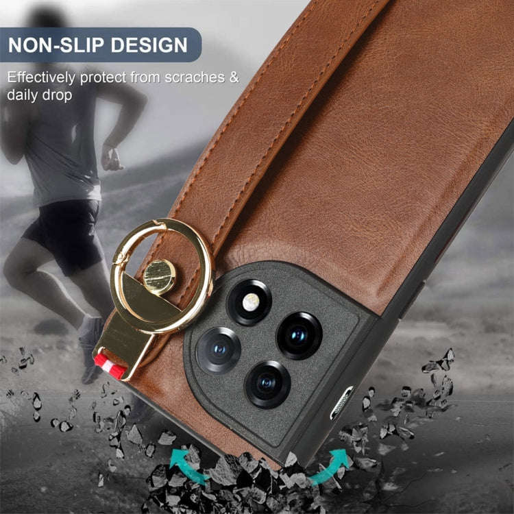 For OnePlus 11 Wristband Leather Back Phone Case(Brown)