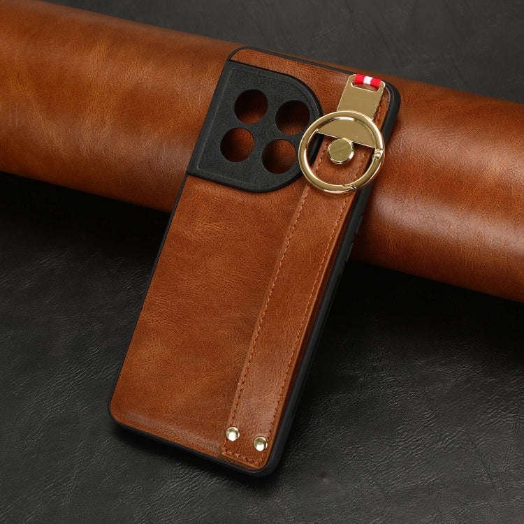 For OnePlus 11 Wristband Leather Back Phone Case(Brown)