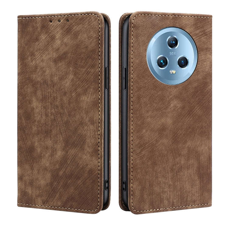 For Honor Magic5 RFID Anti-theft Brush Magnetic Leather Phone Case(Brown)