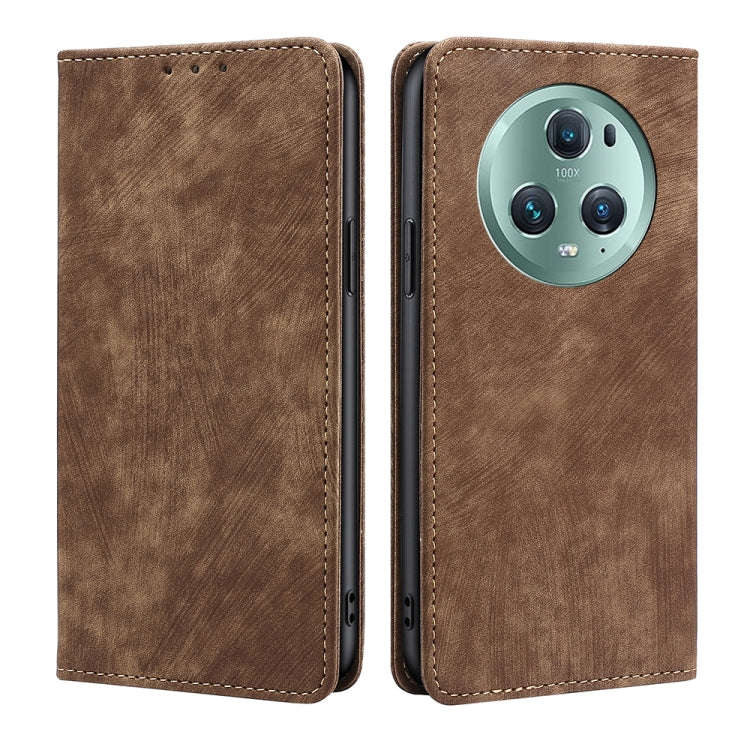 For Honor Magic5 Pro RFID Anti-theft Brush Magnetic Leather Phone Case(Brown)