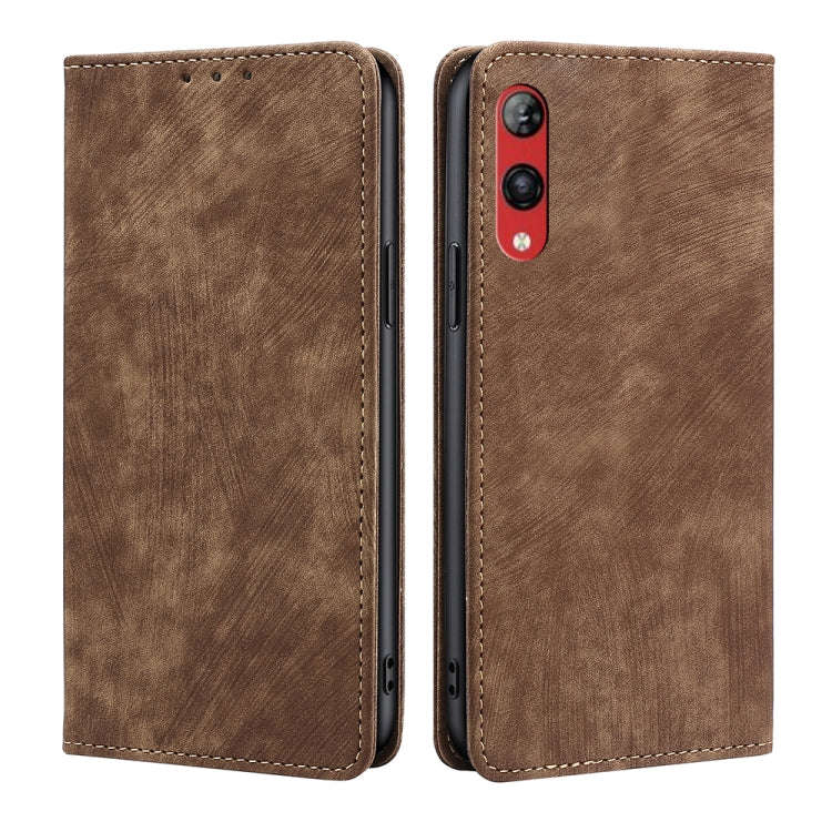 For Rakuten Hand 4G RFID Anti-theft Brush Magnetic Leather Phone Case(Brown)