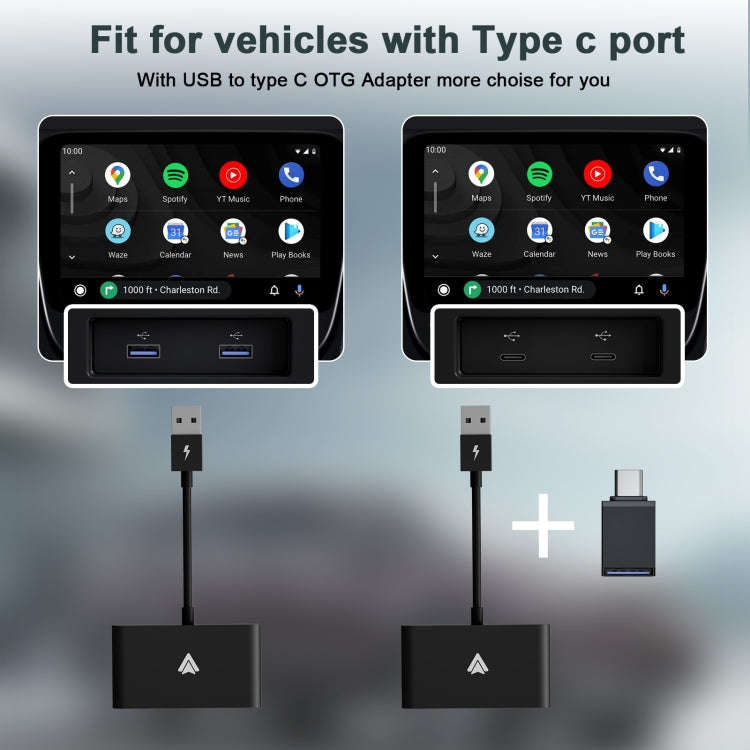 THT-020-2+ USB + USB-C / Type-C Wired to Wireless Carplay Adapter for Android Smartphone(Black)