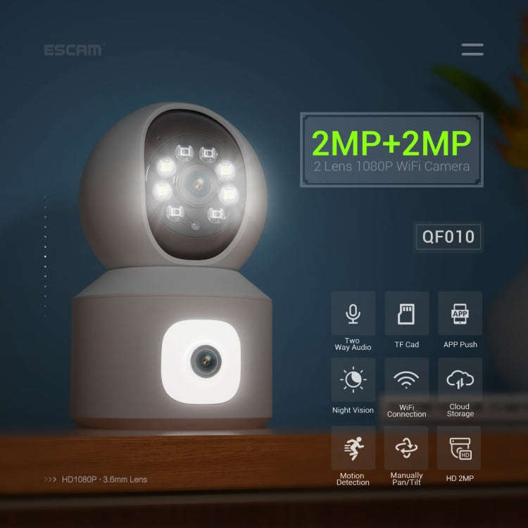ESCAM QF010 2x2MP Dual Lens Dual Screen Surveillance WiFi Camera Support Two-way Voice & Motion D...