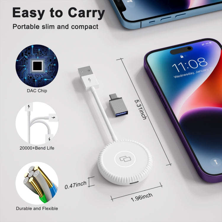 THT-020-6 USB + USB-C / Type-C Carplay Mirror Adapter for iPhone(White)