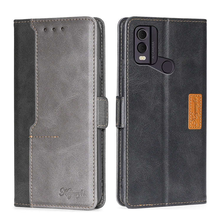 For Nokia C22 Contrast Color Side Buckle Leather Phone Case(Black + Grey)