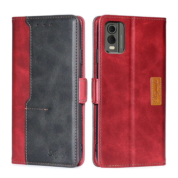 For Nokia C32 Contrast Color Side Buckle Leather Phone Case(Red + Black)