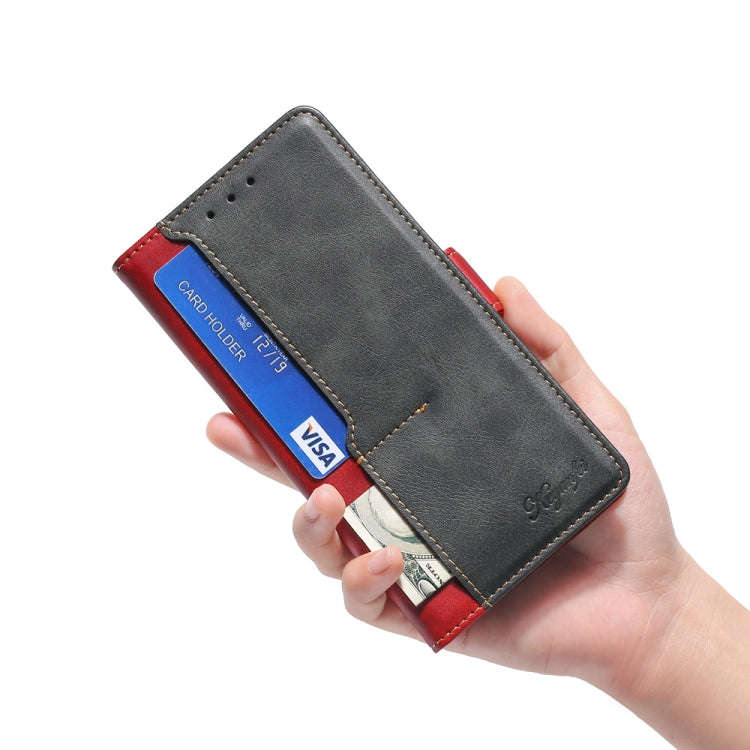 For Nokia C32 Contrast Color Side Buckle Leather Phone Case(Red + Black)