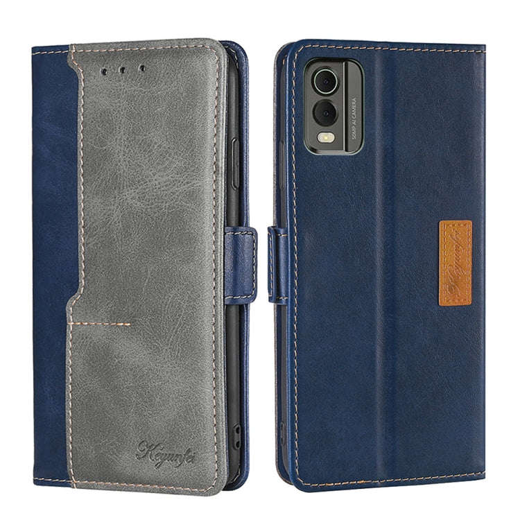 For Nokia C32 Contrast Color Side Buckle Leather Phone Case(Blue + Grey)