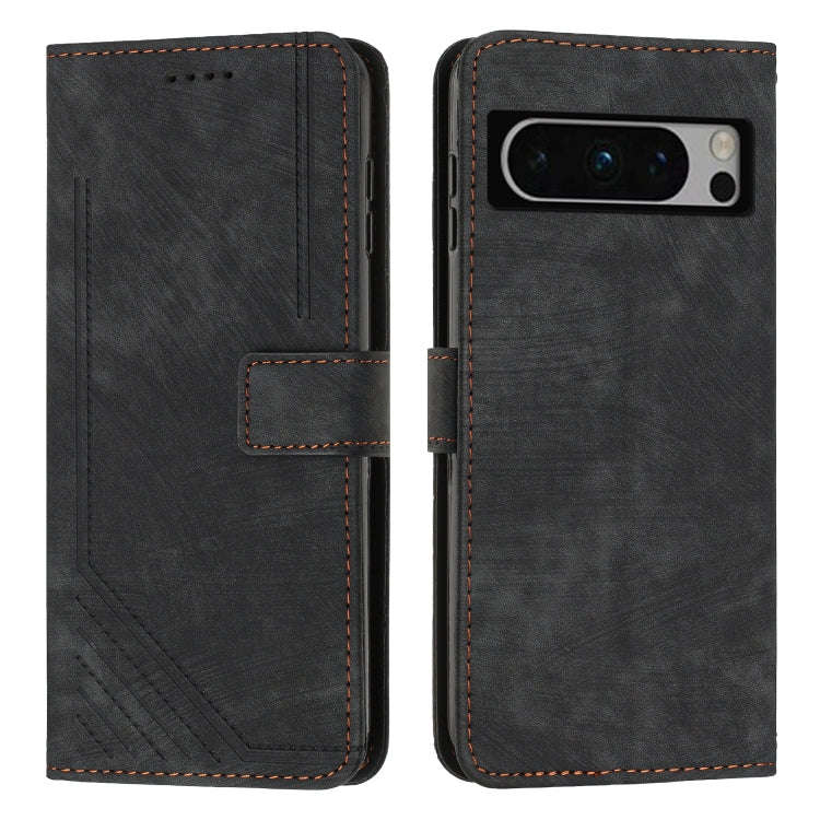 For Google Pixel 8 Pro Skin Feel Stripe Pattern Leather Phone Case with Lanyard(Black)