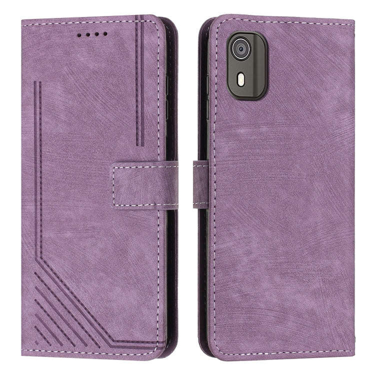 For Nokia C02 Skin Feel Stripe Pattern Leather Phone Case with Lanyard(Purple)