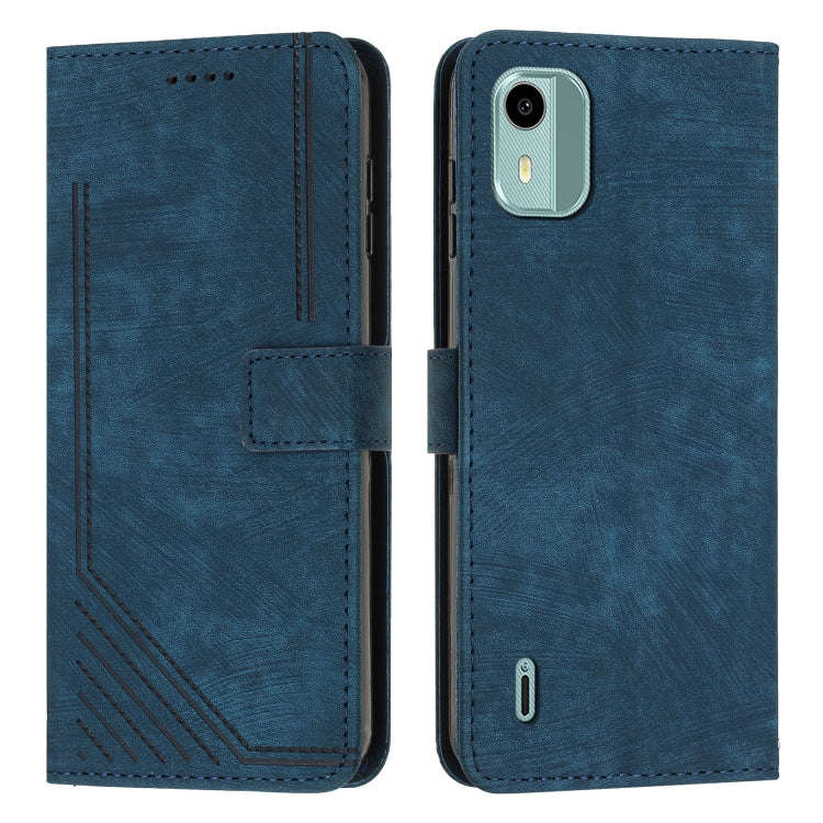 For Nokia C12 Skin Feel Stripe Pattern Leather Phone Case with Lanyard(Blue)