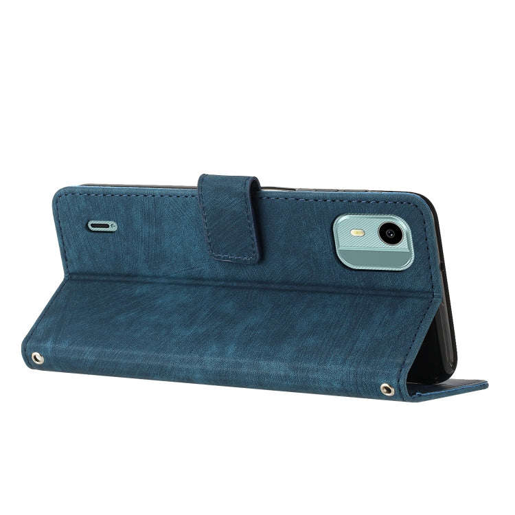 For Nokia C12 Skin Feel Stripe Pattern Leather Phone Case with Lanyard(Blue)