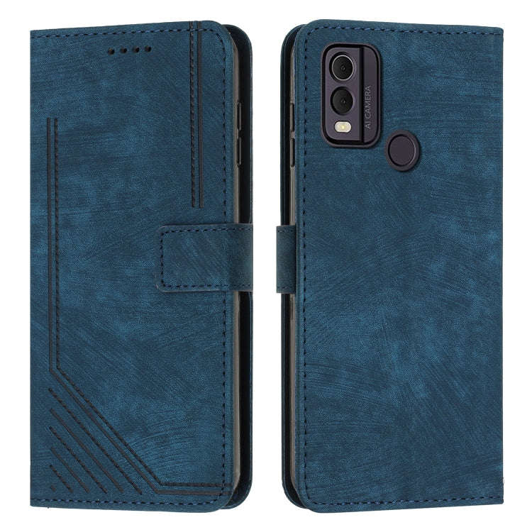 For Nokia C22 Skin Feel Stripe Pattern Leather Phone Case with Lanyard(Blue)