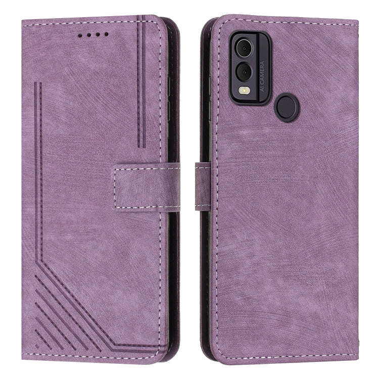 For Nokia C22 Skin Feel Stripe Pattern Leather Phone Case with Lanyard(Purple)
