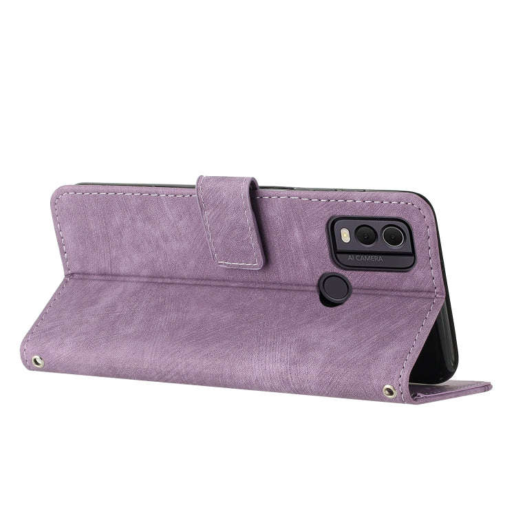 For Nokia C22 Skin Feel Stripe Pattern Leather Phone Case with Lanyard(Purple)