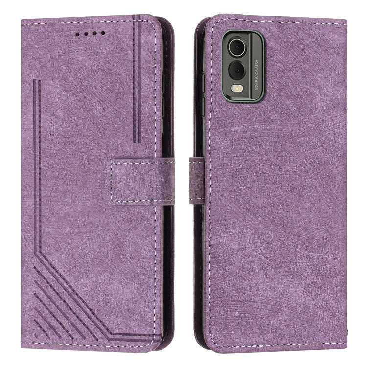 For Nokia C32 Skin Feel Stripe Pattern Leather Phone Case with Lanyard(Purple)