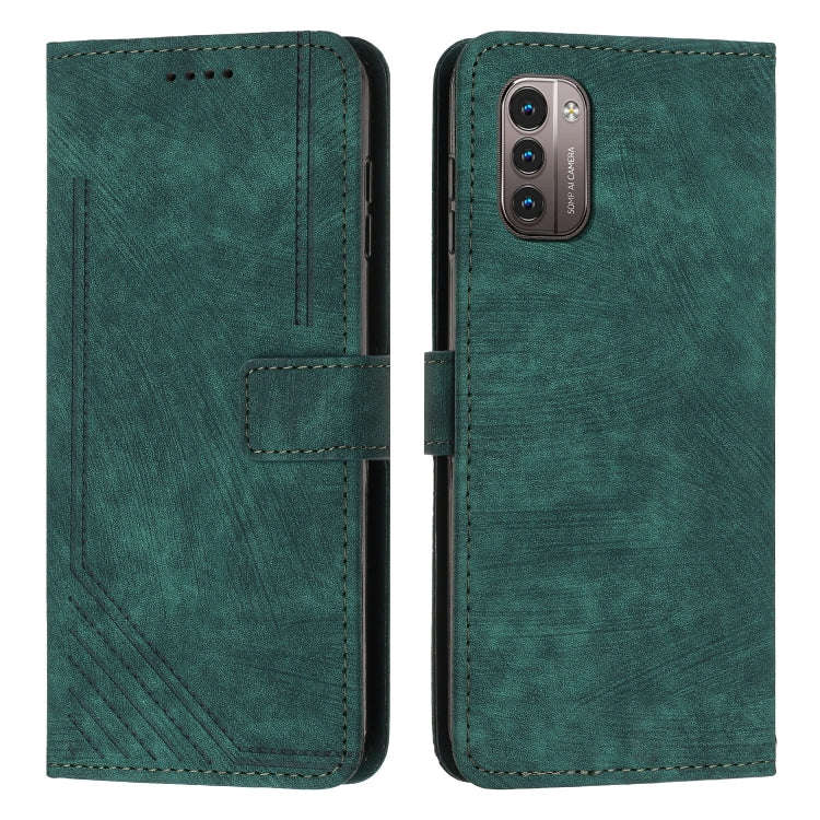 For Nokia G11/G21 Skin Feel Stripe Pattern Leather Phone Case with Lanyard(Green)