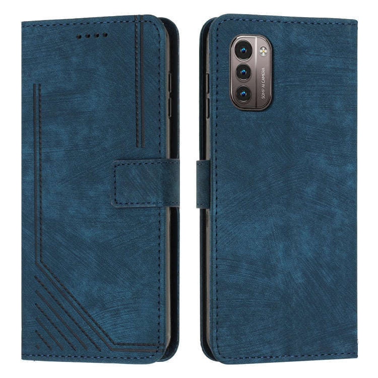 For Nokia G11/G21 Skin Feel Stripe Pattern Leather Phone Case with Lanyard(Blue)